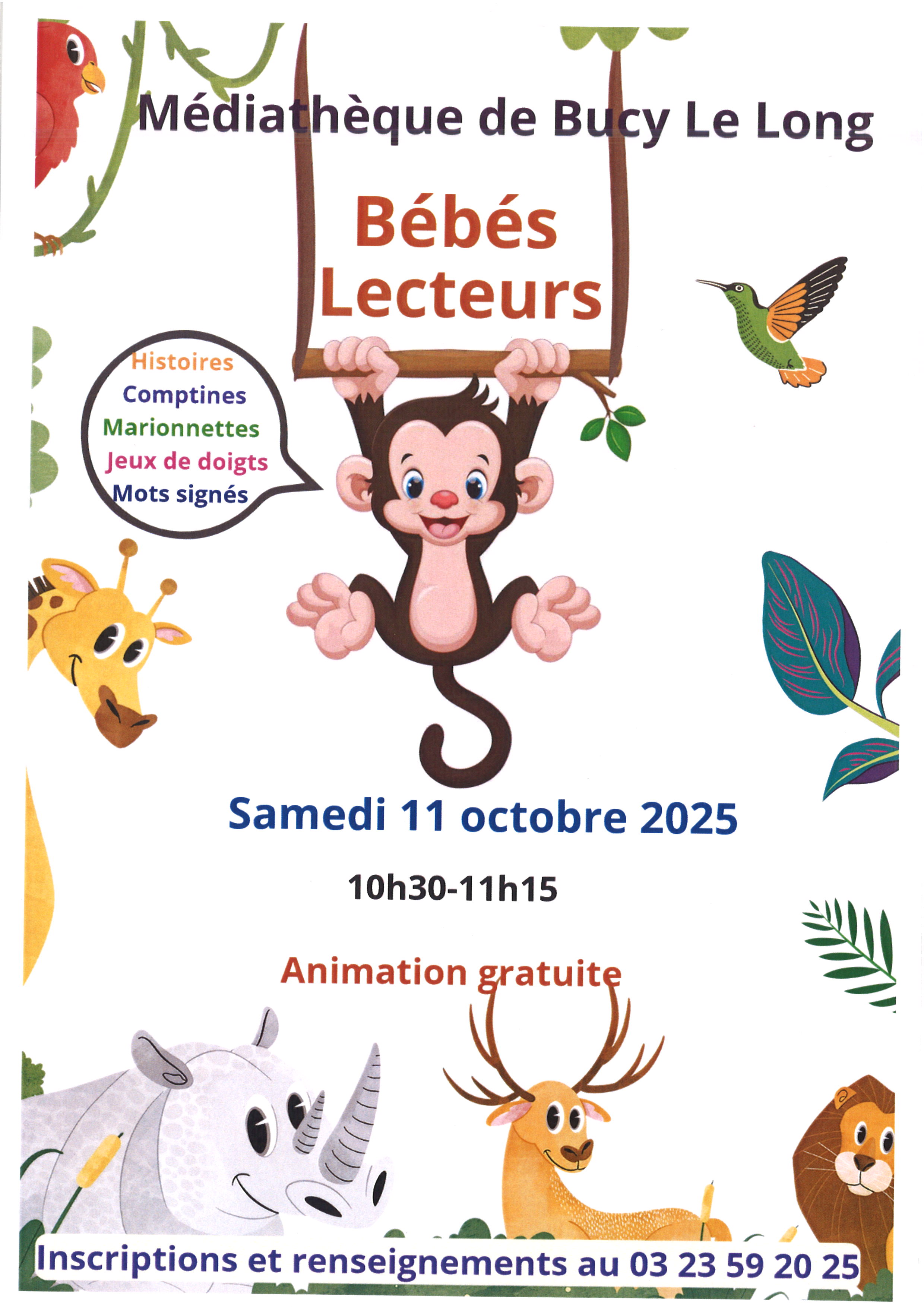 Séance bébés lecteurs : histoires, comptines, marionnettes, jeux de doigts, mots signés.
